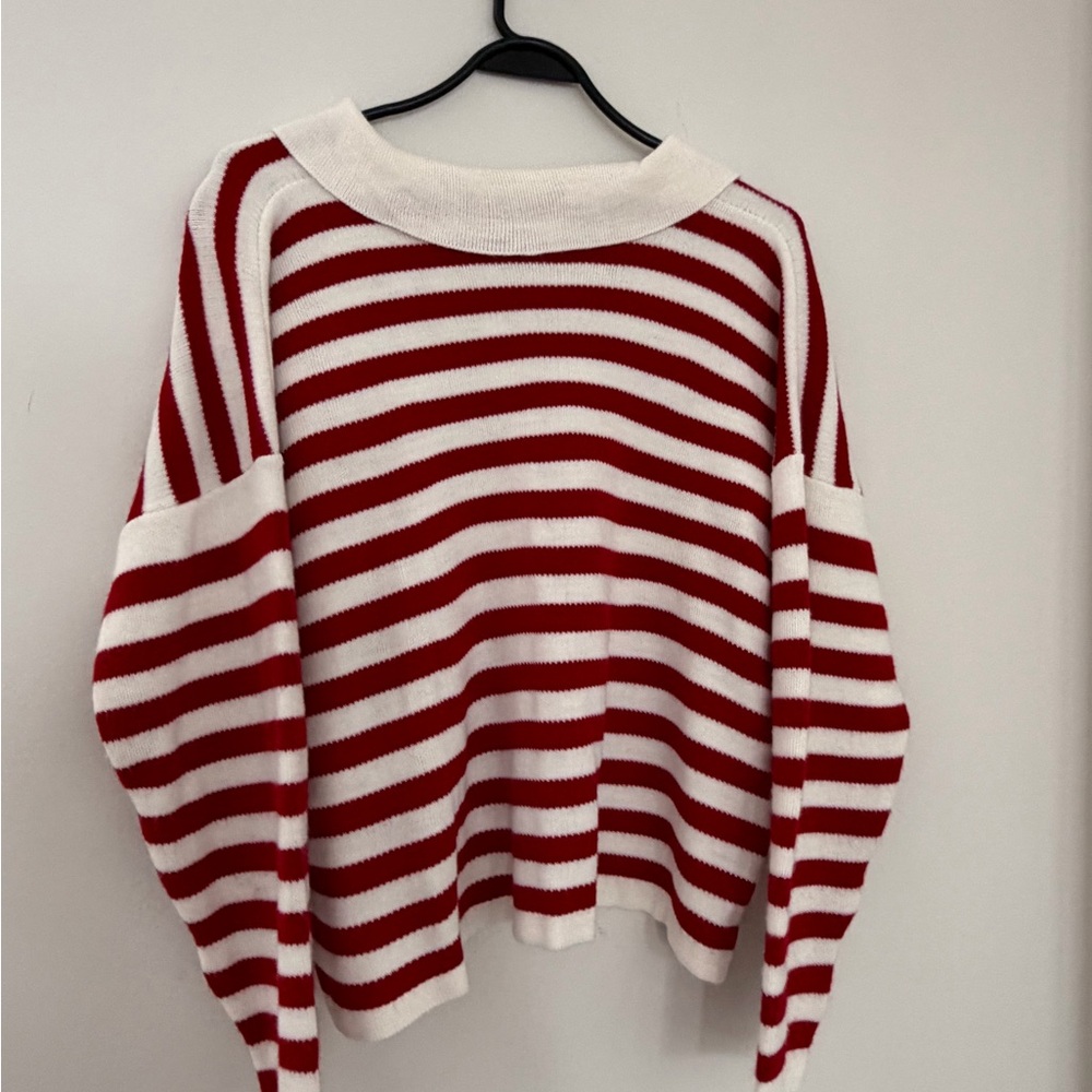 Striped Red and White Women's Cropped Sweater - Picture 3 of 3